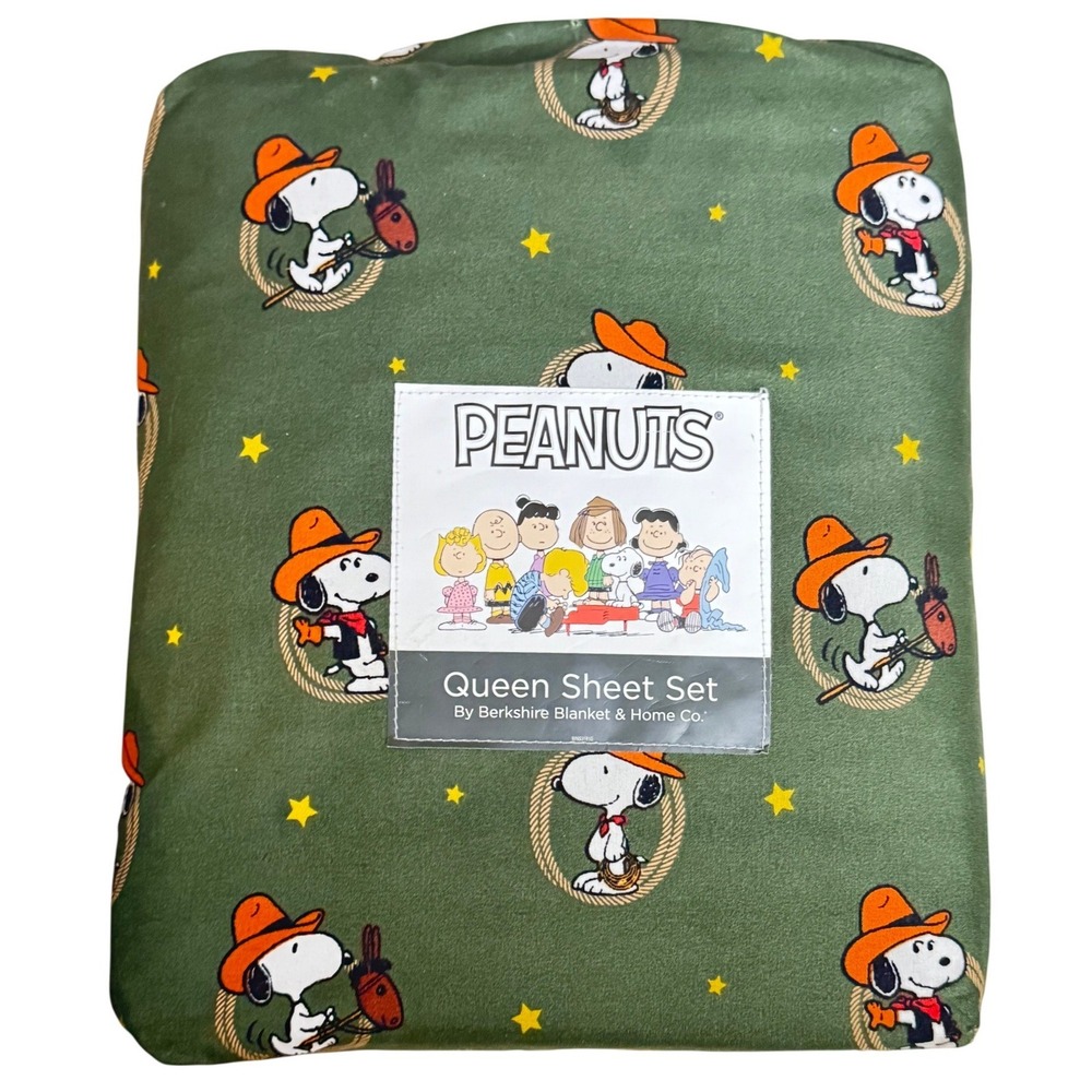 New Peanuts Queen Sheet Set Snoopy Cowboy Green Berkshire Blanket New